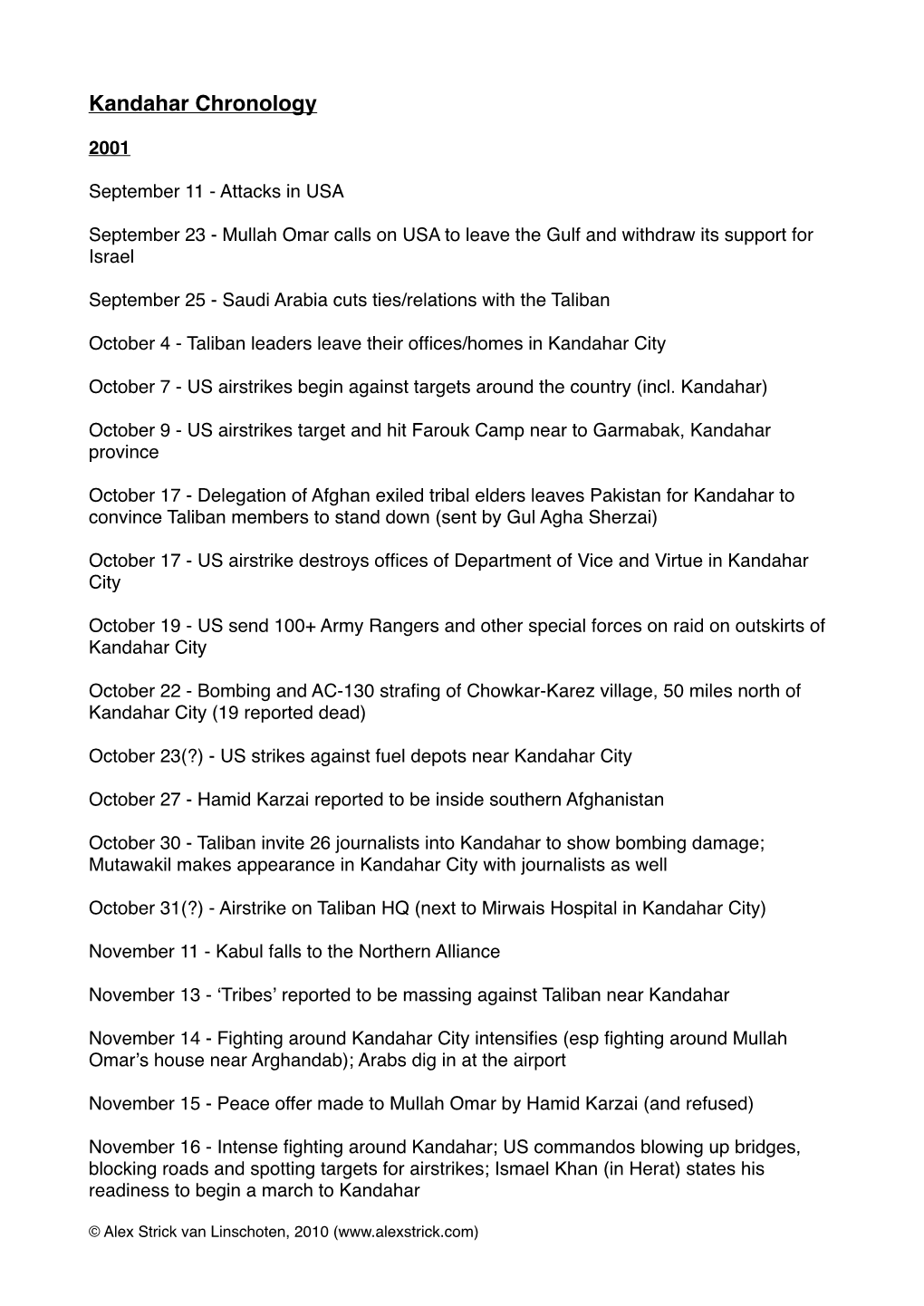 Kandahar Chronology