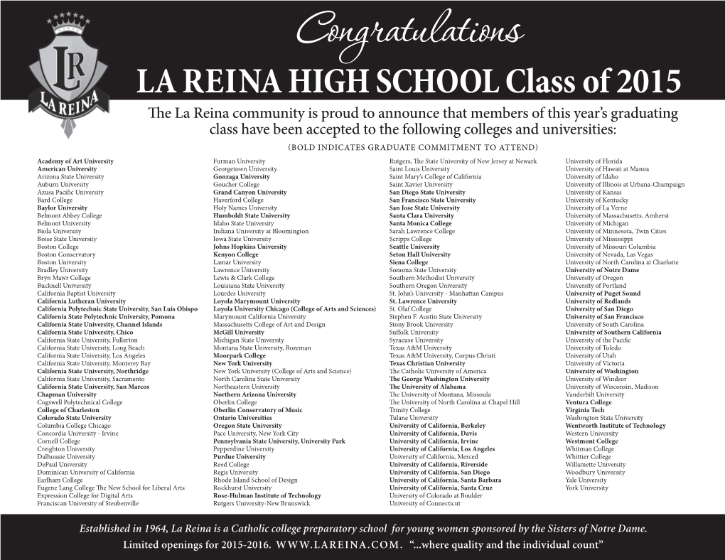 LA REINA HIGH SCHOOL Class of 2015