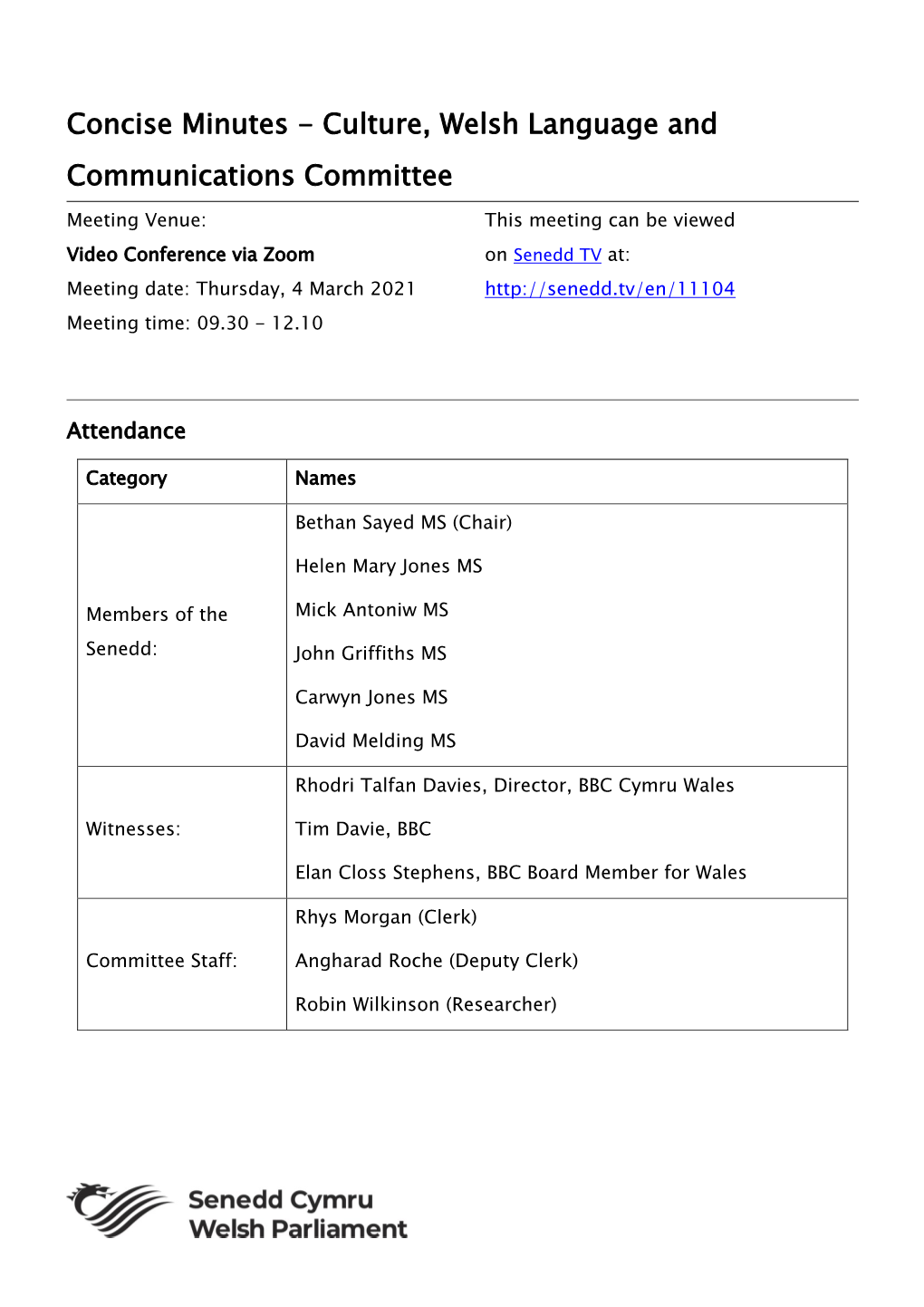 Concise Minutes - Culture, Welsh Language and Communications Committee