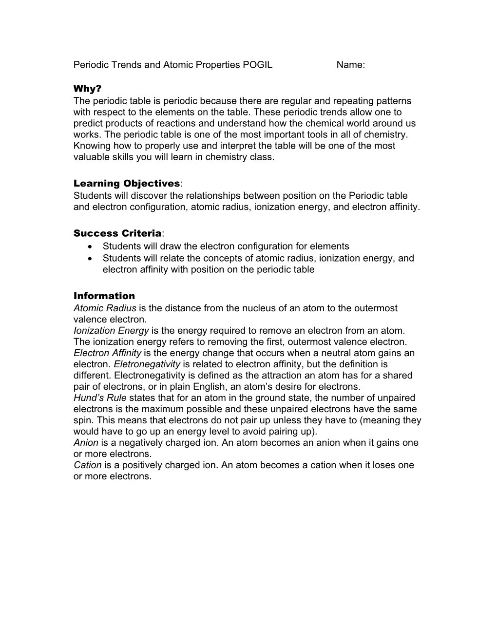 Periodic Trends And Atomic Properties POGIL