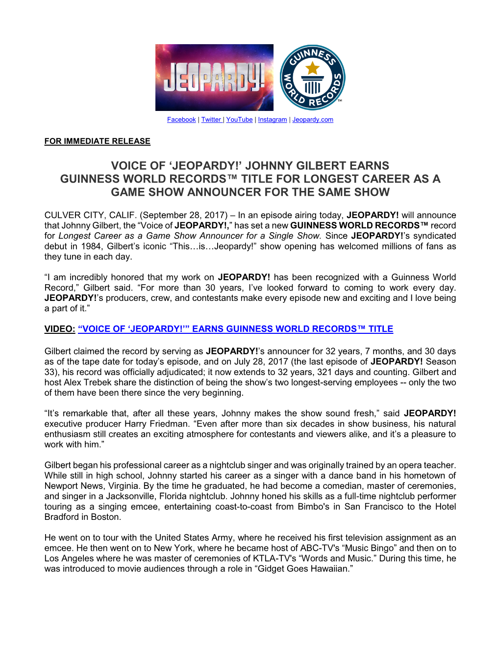 Johnny Gilbert Earns Guinness World Records™ Title for Longest Career As a Game Show Announcer for the Same Show
