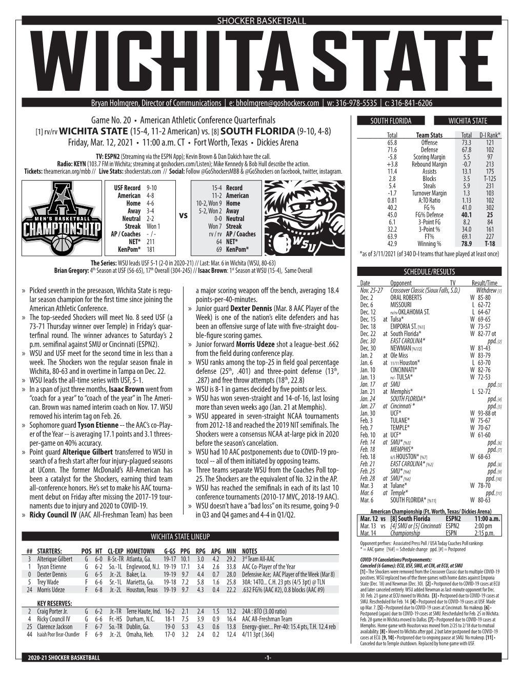 Rv/Rv WICHITA STATE (15-4, 11-2 American) Vs