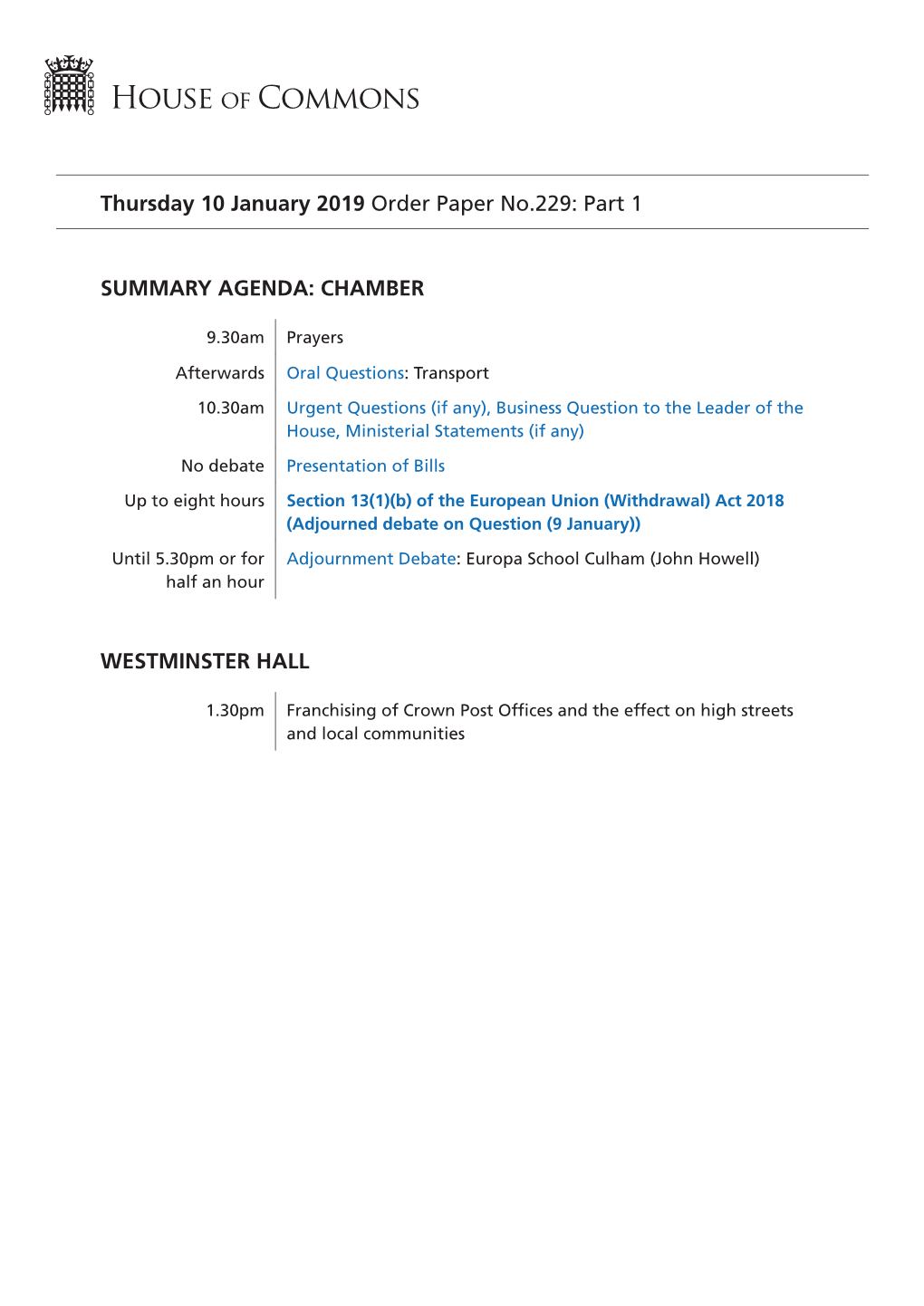 Order Paper for Thu 10 Jan 2019