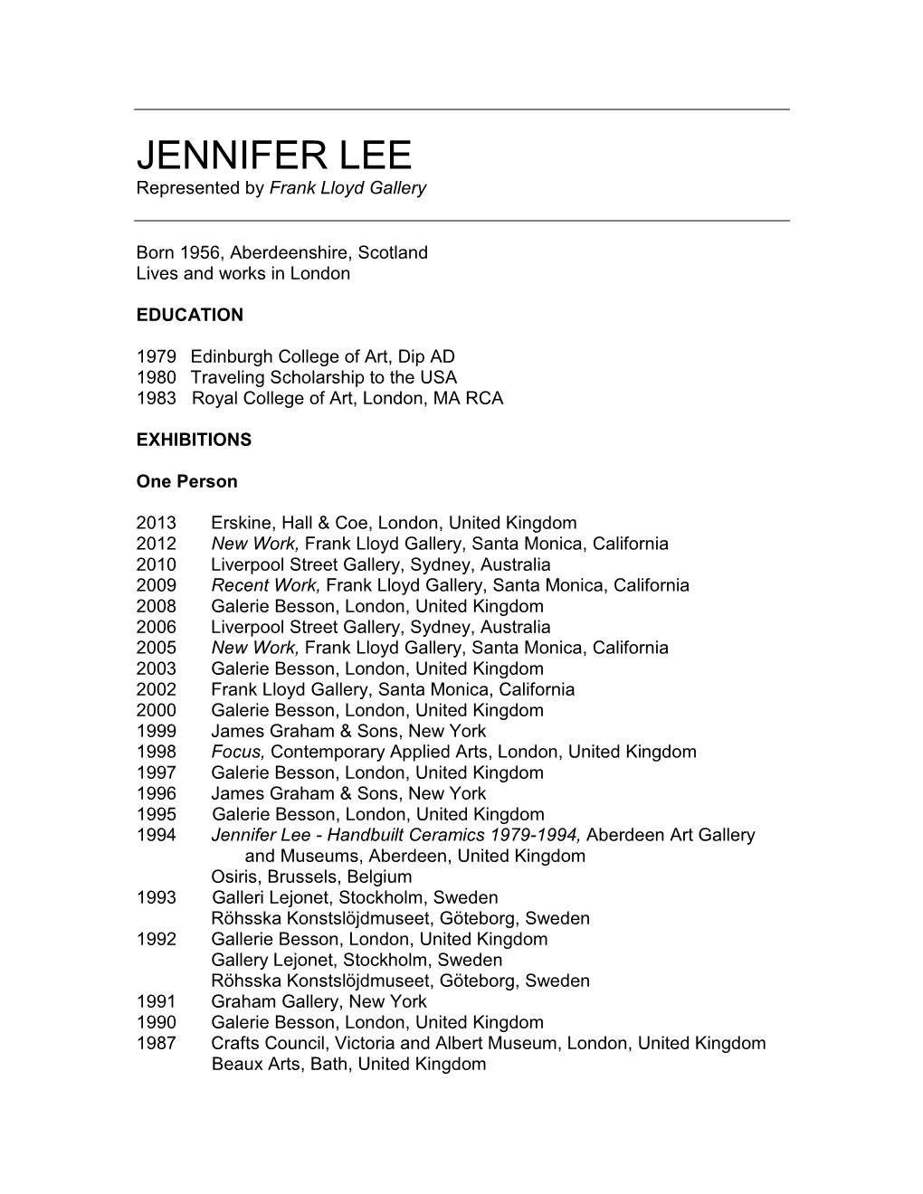 JENNIFER LEE Represented by Frank Lloyd Gallery