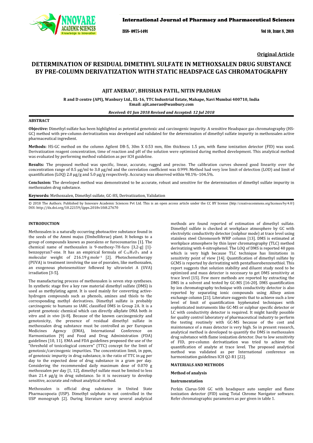 Determination of Residual Dimethyl Sulfate in Methoxsalen Drug Substance by Pre-Column Derivatization with Static Headspace Gas Chromatography