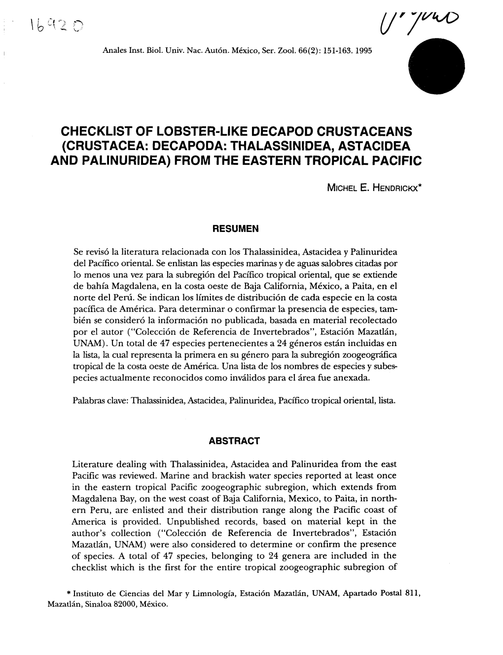 Checklist of Lobster-Like Decapod Crustaceans (Crustacea: Decapoda: Thalassinidea, Astacidea and Palinuridea) from the Eastern Tropical Pacific