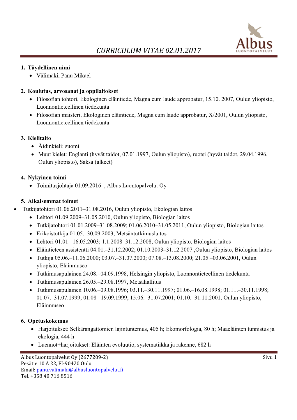 Curriculum Vitae 02.01.2017