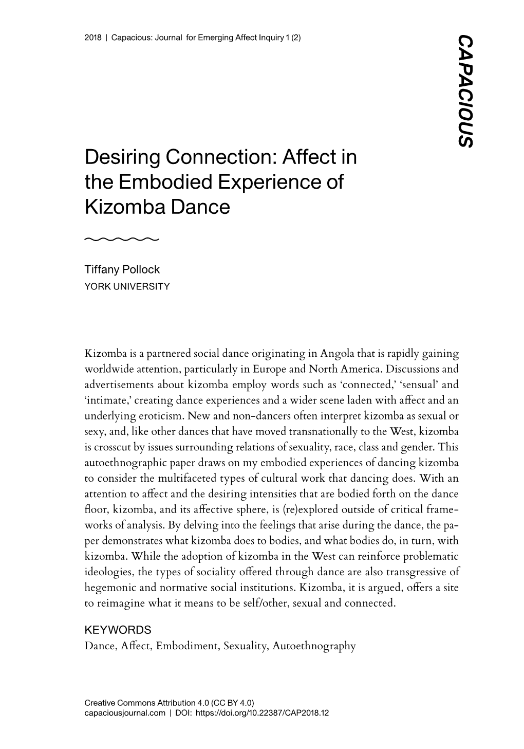 Desiring Connection: Affect in the Embodied Experience of Kizomba Dance