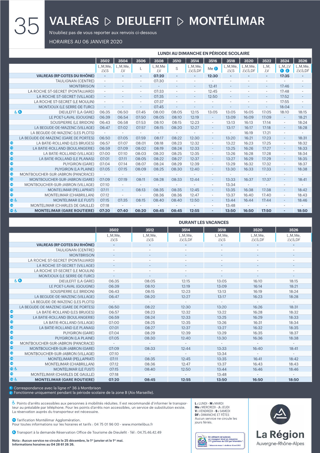 VALRÉAS DIEULEFIT MONTÉLIMAR 35 N’Oubliez Pas De Vous Reporter Aux Renvois Ci-Dessous HORAIRES AU 06 JANVIER 2020