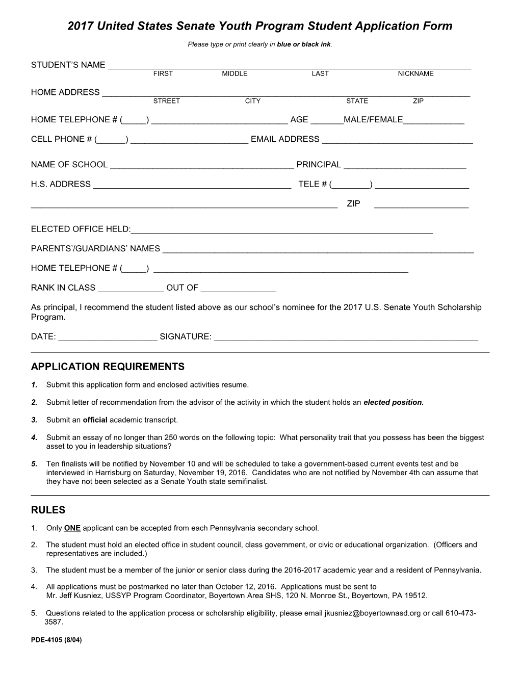 2011 United States Senate Youth Program Student Application Form