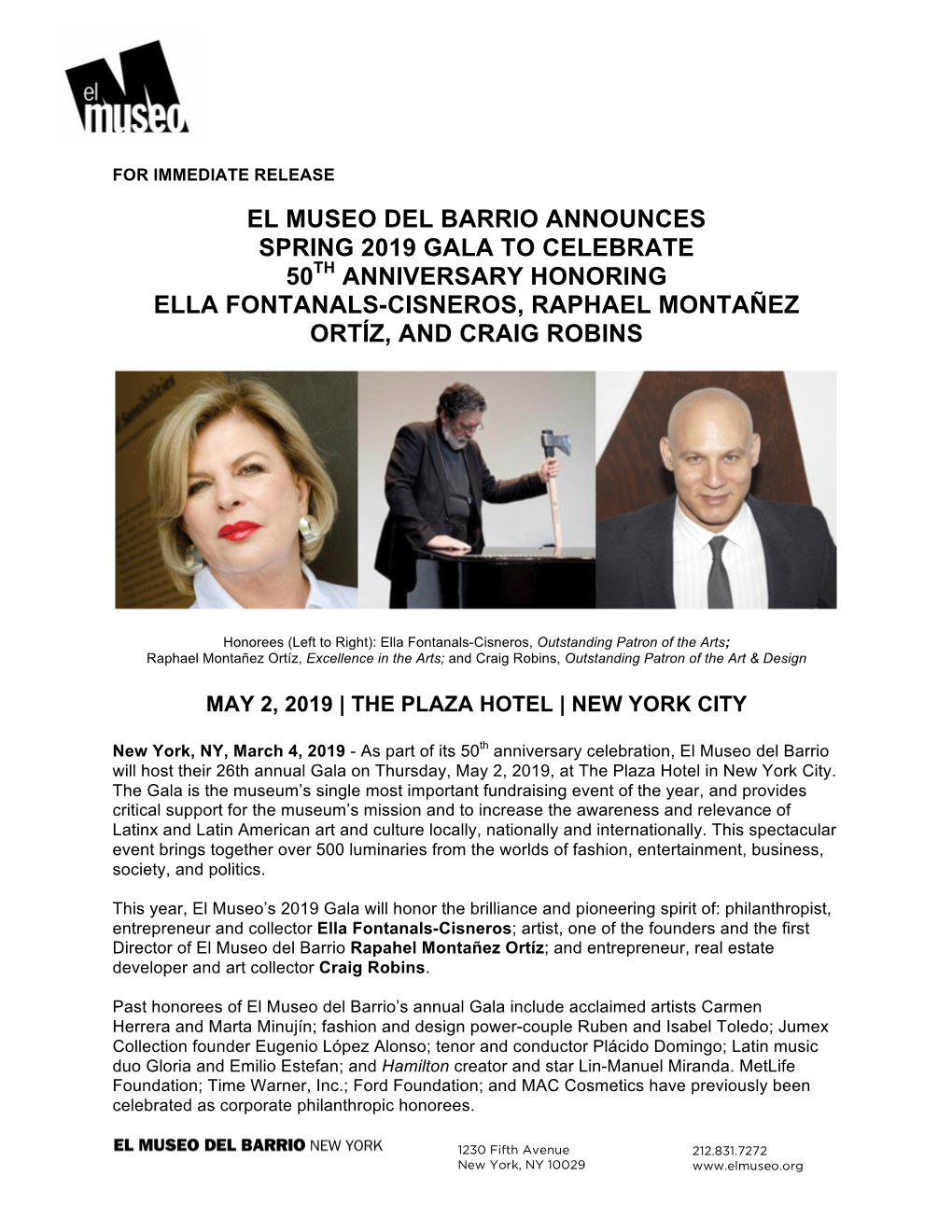 El Museo Del Barrio Announces Spring 2019 Gala to Celebrate 50Th Anniversary Honoring Ella Fontanals-Cisneros, Raphael Montañez Ortíz, and Craig Robins