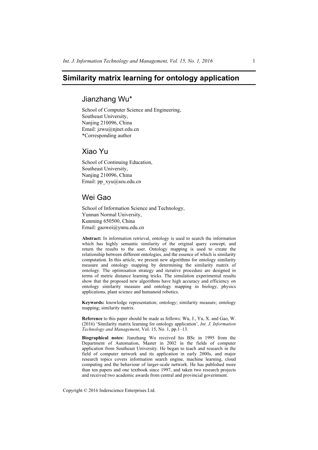 Similarity Matrix Learning for Ontology Application Jianzhang Wu