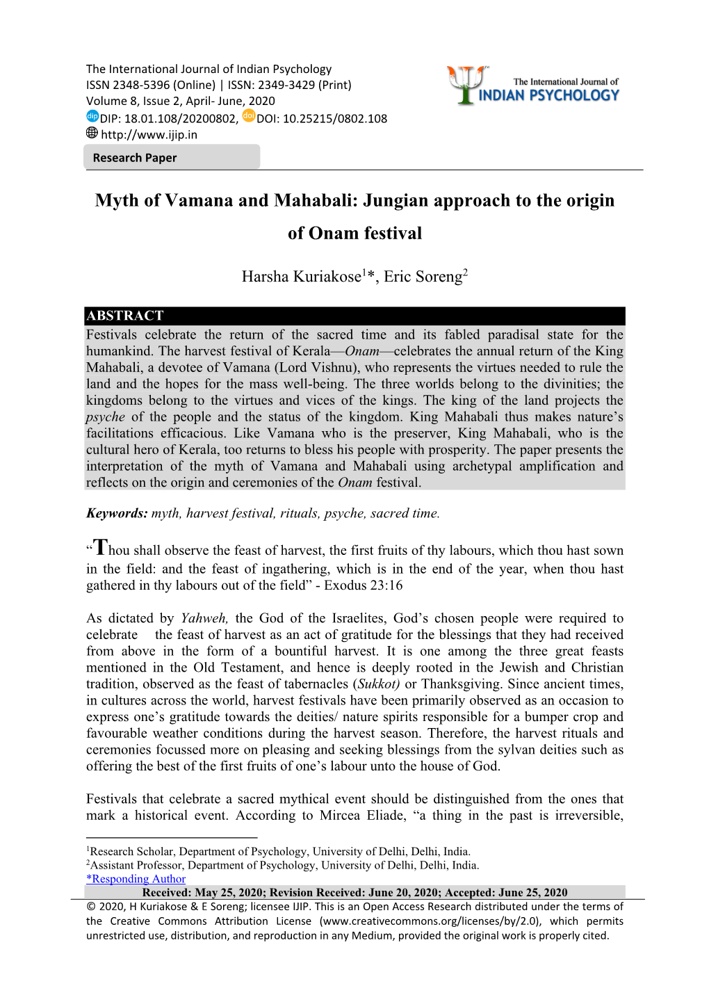 Myth of Vamana and Mahabali: Jungian Approach to the Origin of Onam Festival