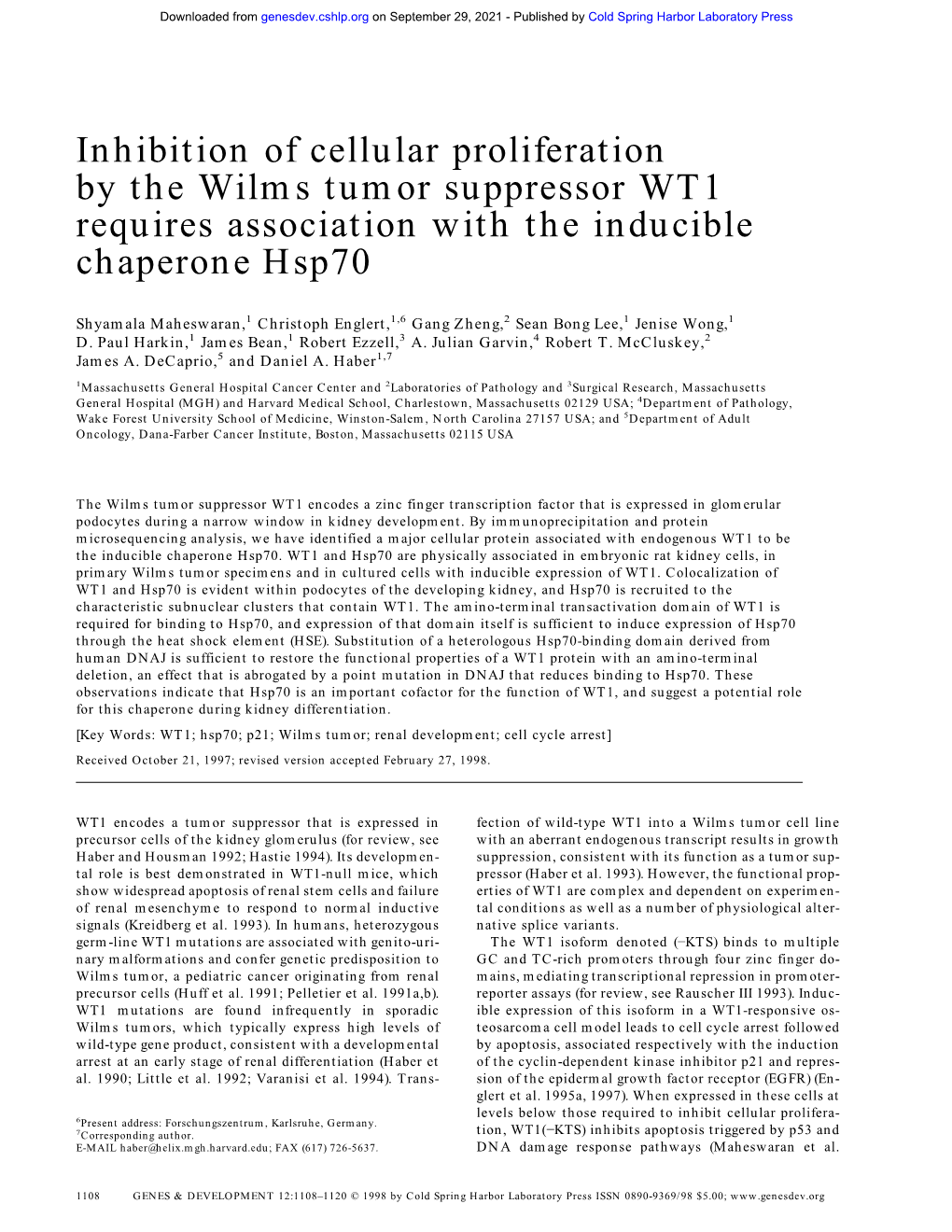 Inhibition of Cellular Proliferation by the Wilms Tumor Suppressor WT1 Requires Association with the Inducible Chaperone Hsp70