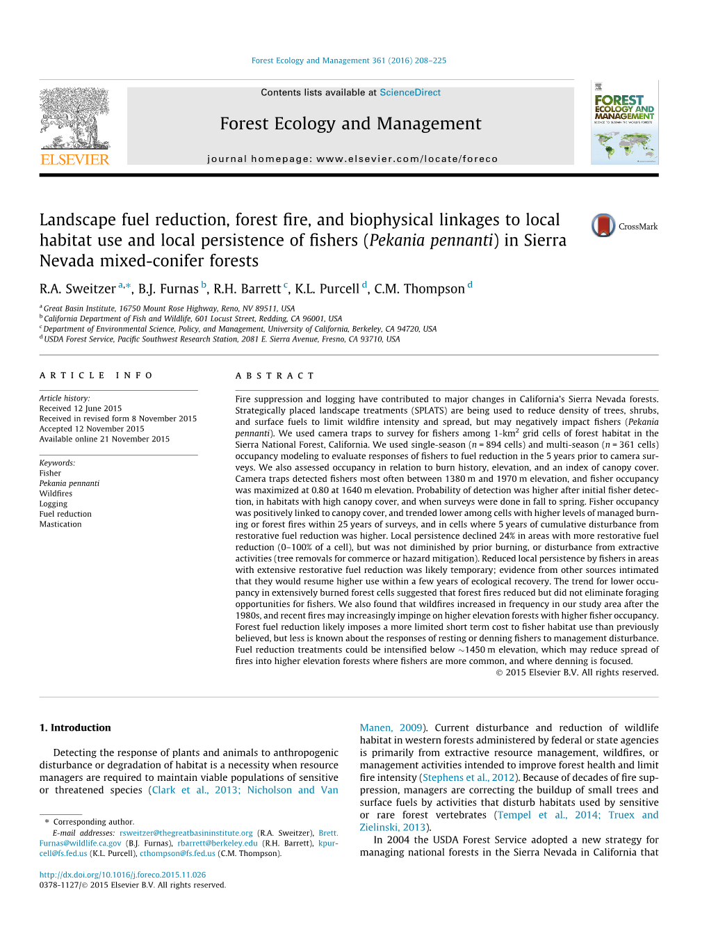 Landscape Fuel Reduction, Forest Fire, and Biophysical Linkages to Local Habitat Use and Local Persistence of Fishers