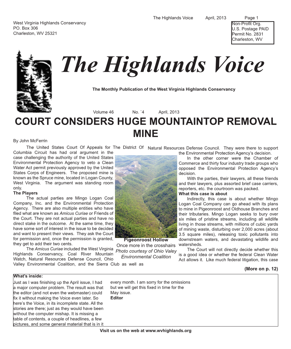 The Highlands Voice April, 2013 Page 1 West Virginia Highlands Conservancy Non-Profit Org