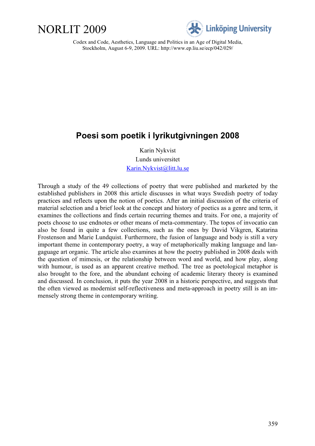 Poesi Som Poetik I Lyrikutgivningen 2008