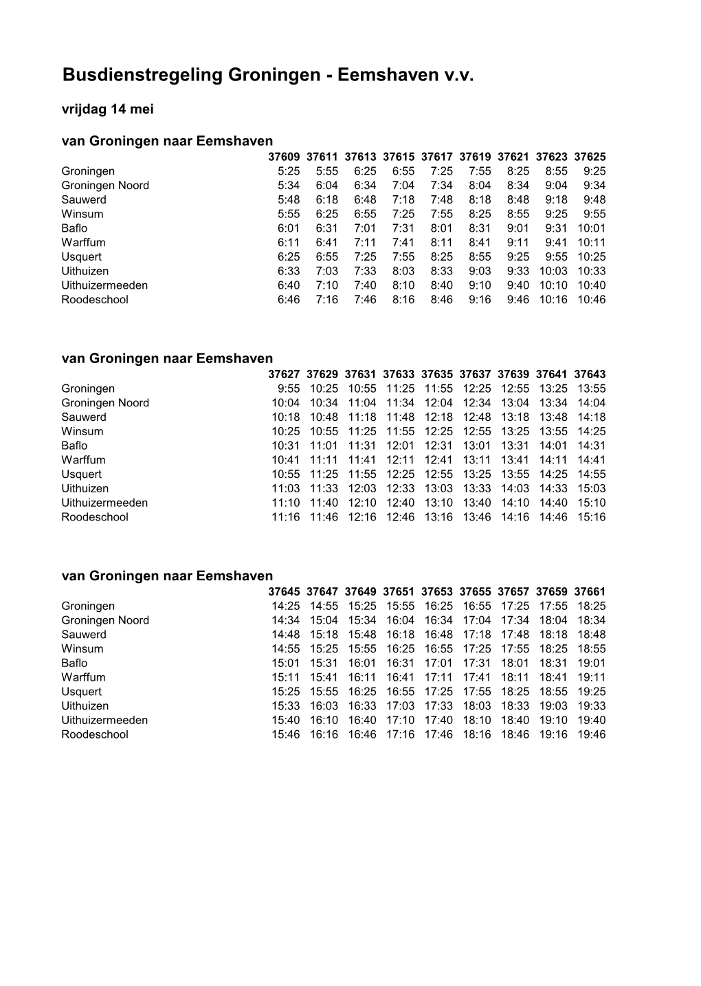 Busdienstregeling Groningen - Eemshaven V.V