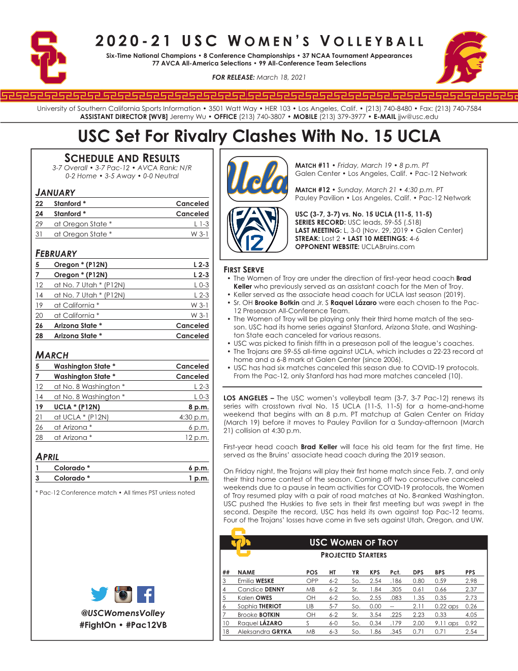 USC Set for Rivalry Clashes with No. 15 UCLA Schedule and Results 3-7 Overall • 3-7 Pac-12 • AVCA Rank: N/R Match #11 • Friday, March 19 • 8 P.M