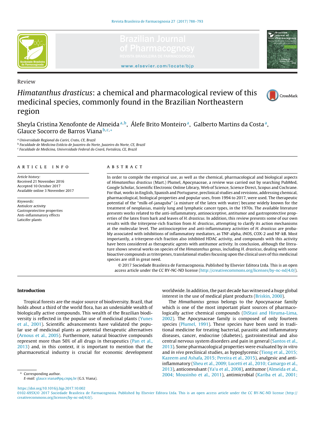 Himatanthus Drasticus: a Chemical and Pharmacological Review of This