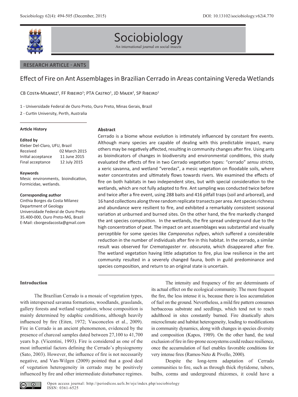 Sociobiology 62(4): 494-505 (December, 2015) DOI: 10.13102/Sociobiology.V62i4.770