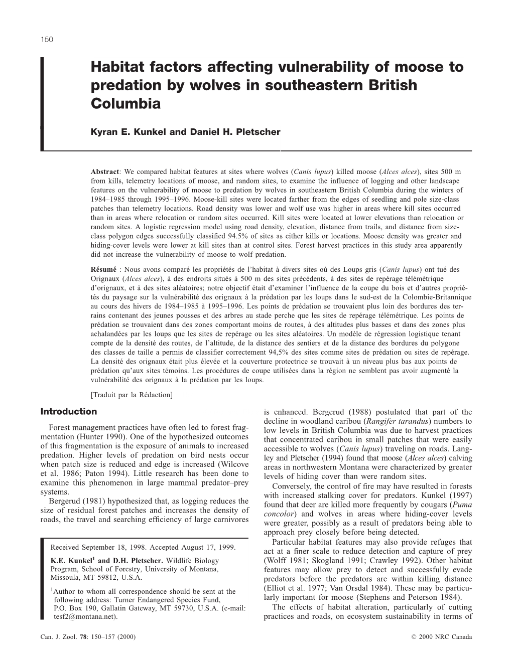 Habitat Factors Affecting Vulnerability of Moose to Predation by Wolves in Southeastern British Columbia