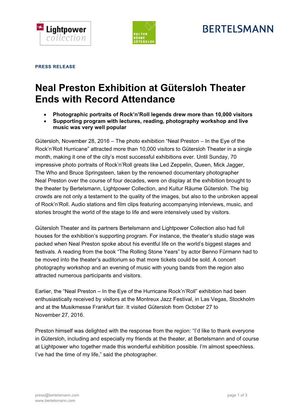 Neal Preston Exhibition at Gütersloh Theater Ends with Record Attendance