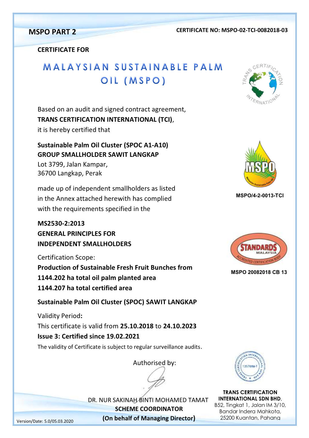 Mspo Part 2 Certificate No: Mspo-02-Tci-0082018-03