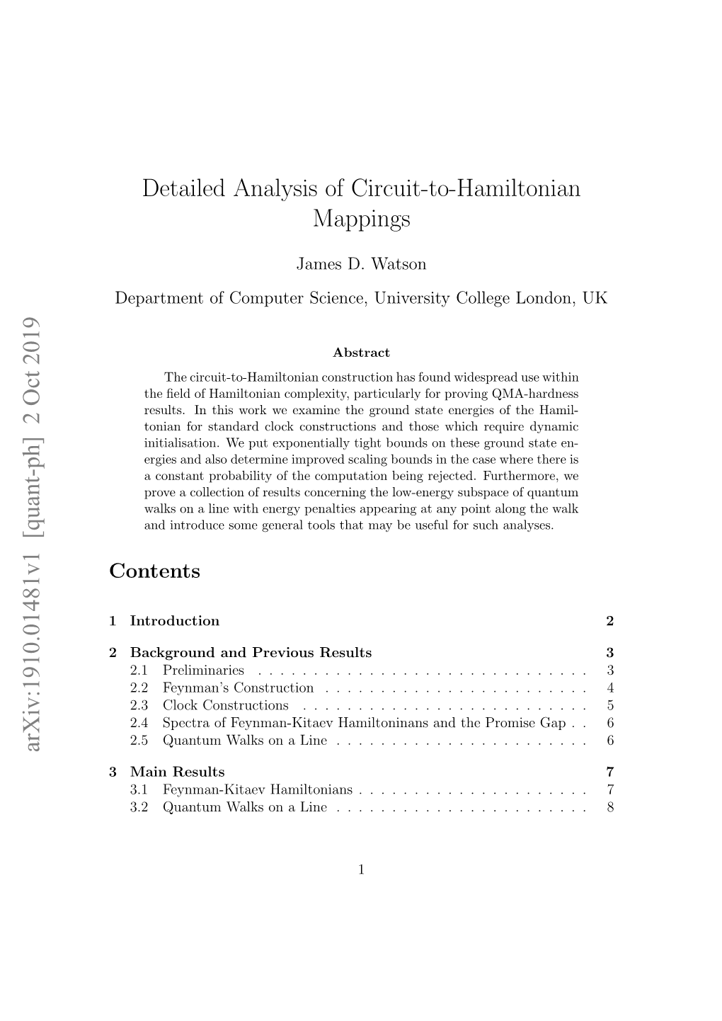 Detailed Analysis of Circuit-To-Hamiltonian Mappings Arxiv:1910.01481V1 [Quant-Ph] 2 Oct 2019