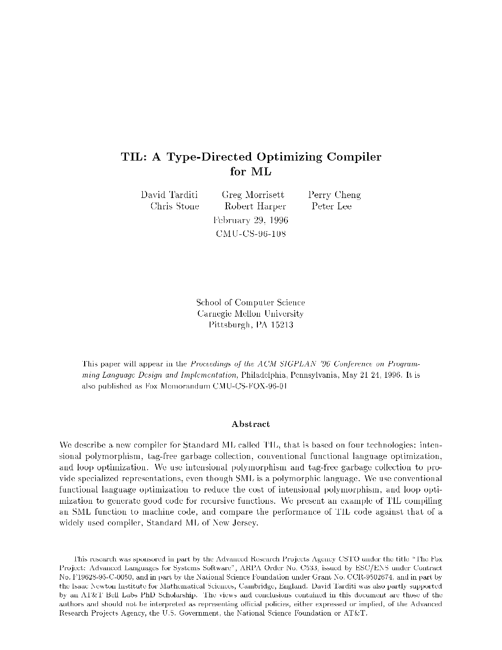 TIL: a Type-Directed Optimizing Compiler for ML