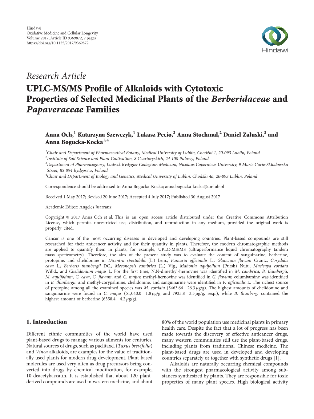 UPLC-MS/MS Profile of Alkaloids with Cytotoxic Properties of Selected Medicinal Plants of the Berberidaceae and Papaveraceae Families