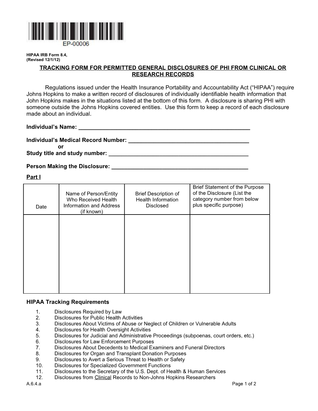 Accounting of Discosures Form