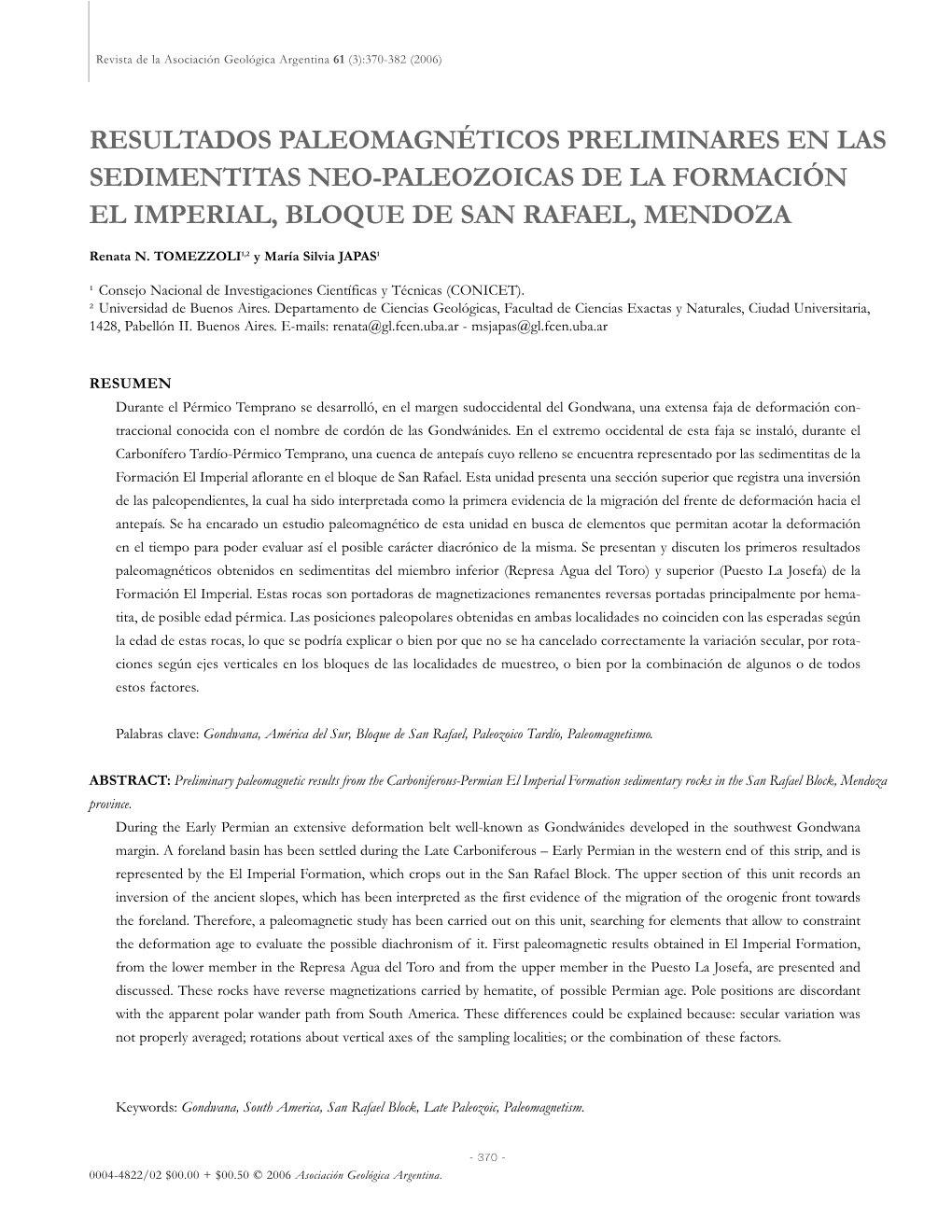 Resultados Paleomagnéticos Preliminares En Las Sedimentitas Neo-Paleozoicas De La Formación El Imperial, Bloque De San Rafael, Mendoza