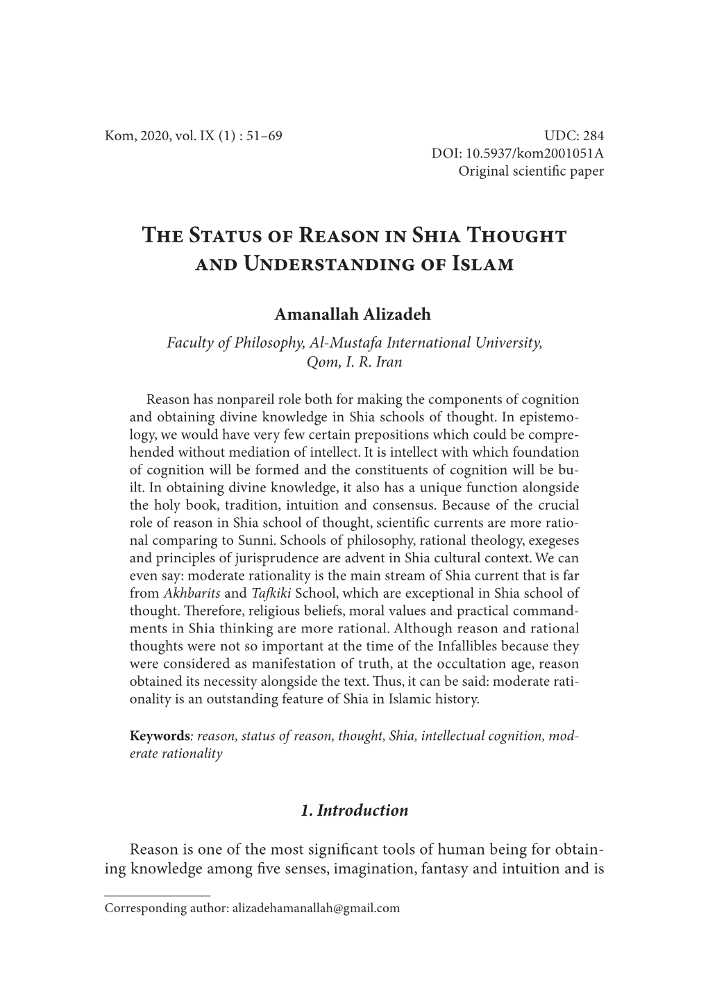 The Status of Reason in Shia Thought and Understanding of Islam