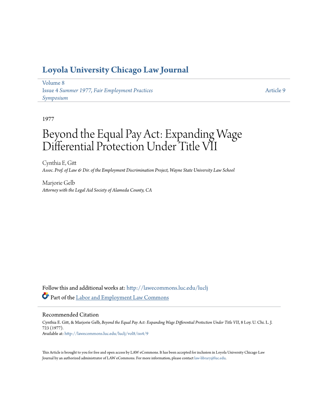 Expanding Wage Differential Protection Under Title VII Cynthia E, Gitt Assoc