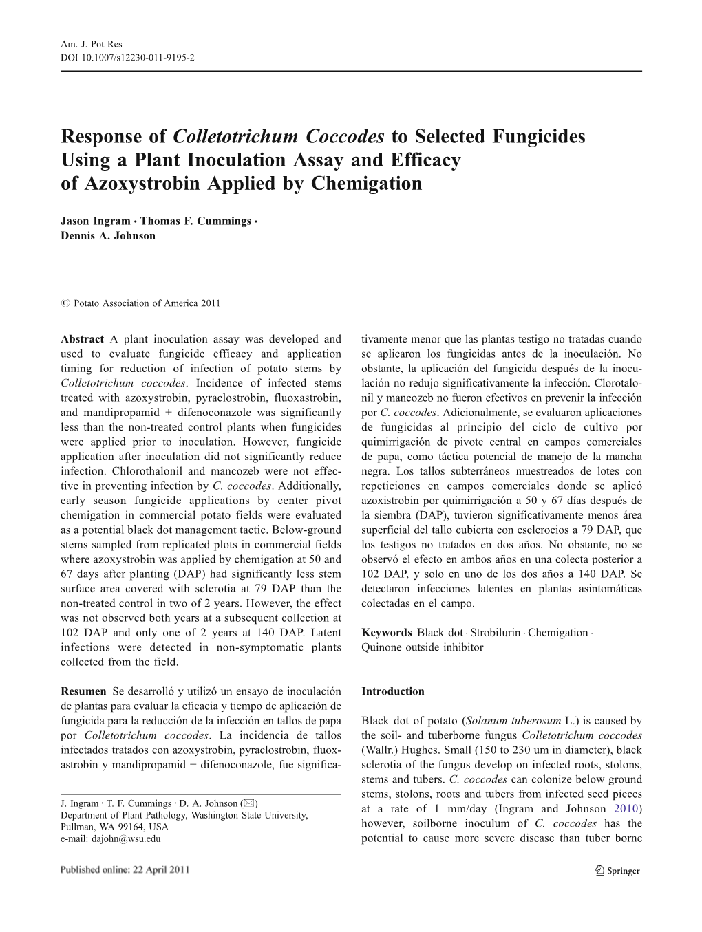 Response of Colletotrichum Coccodes to Selected Fungicides (Pdf)