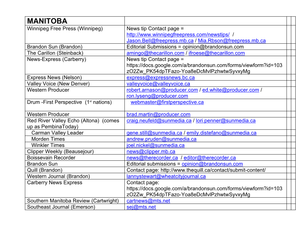 Manitoba and Ontario Newspapers Contact Info