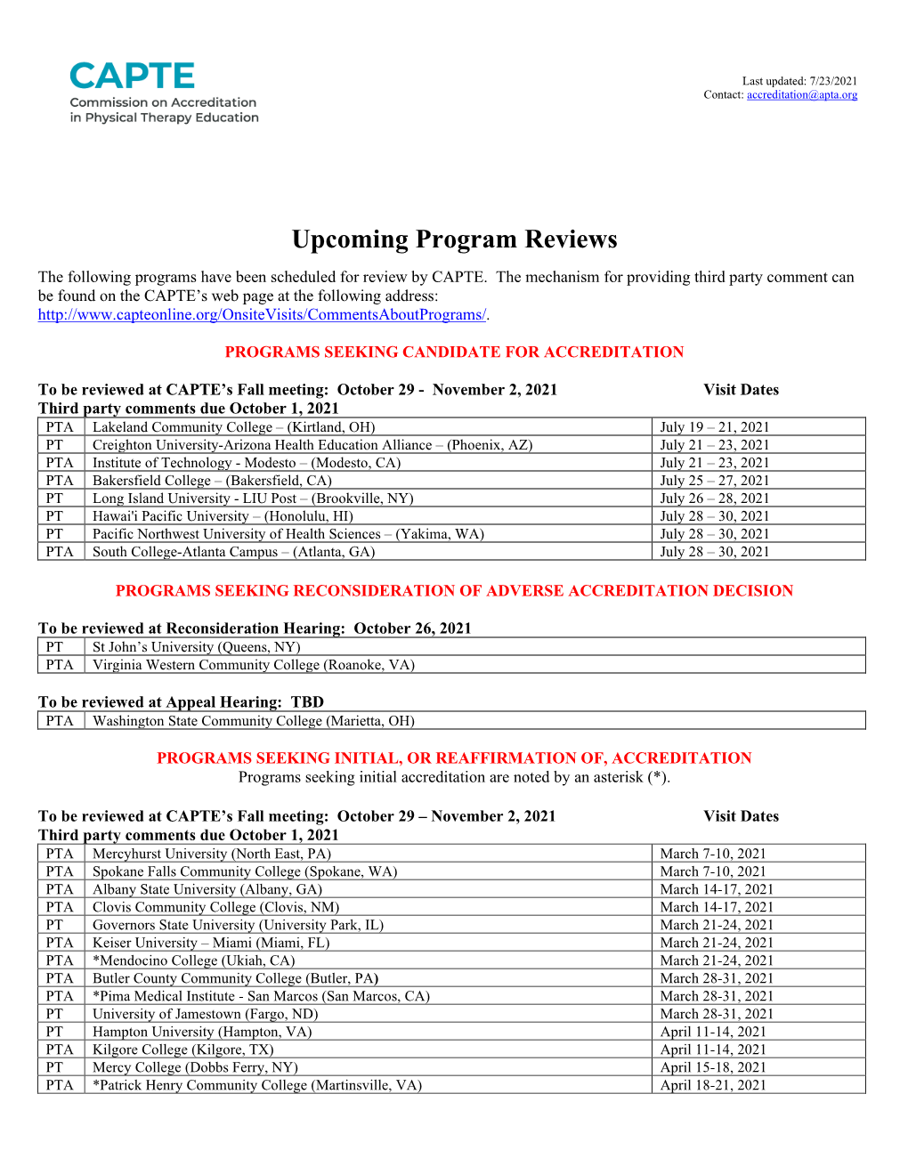 Upcoming Program Reviews