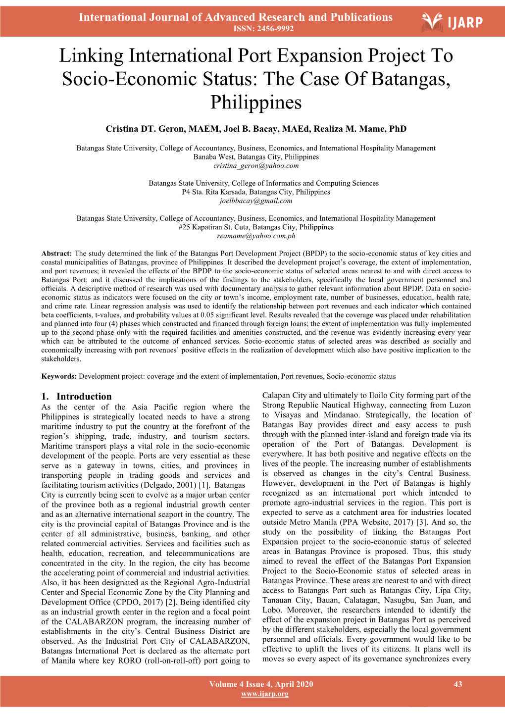 Linking International Port Expansion Project to Socio-Economic Status: the Case of Batangas, Philippines