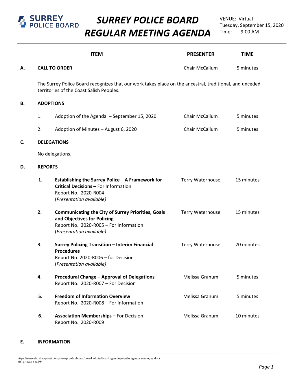 Surrey Police Board Regular Meeting Agenda