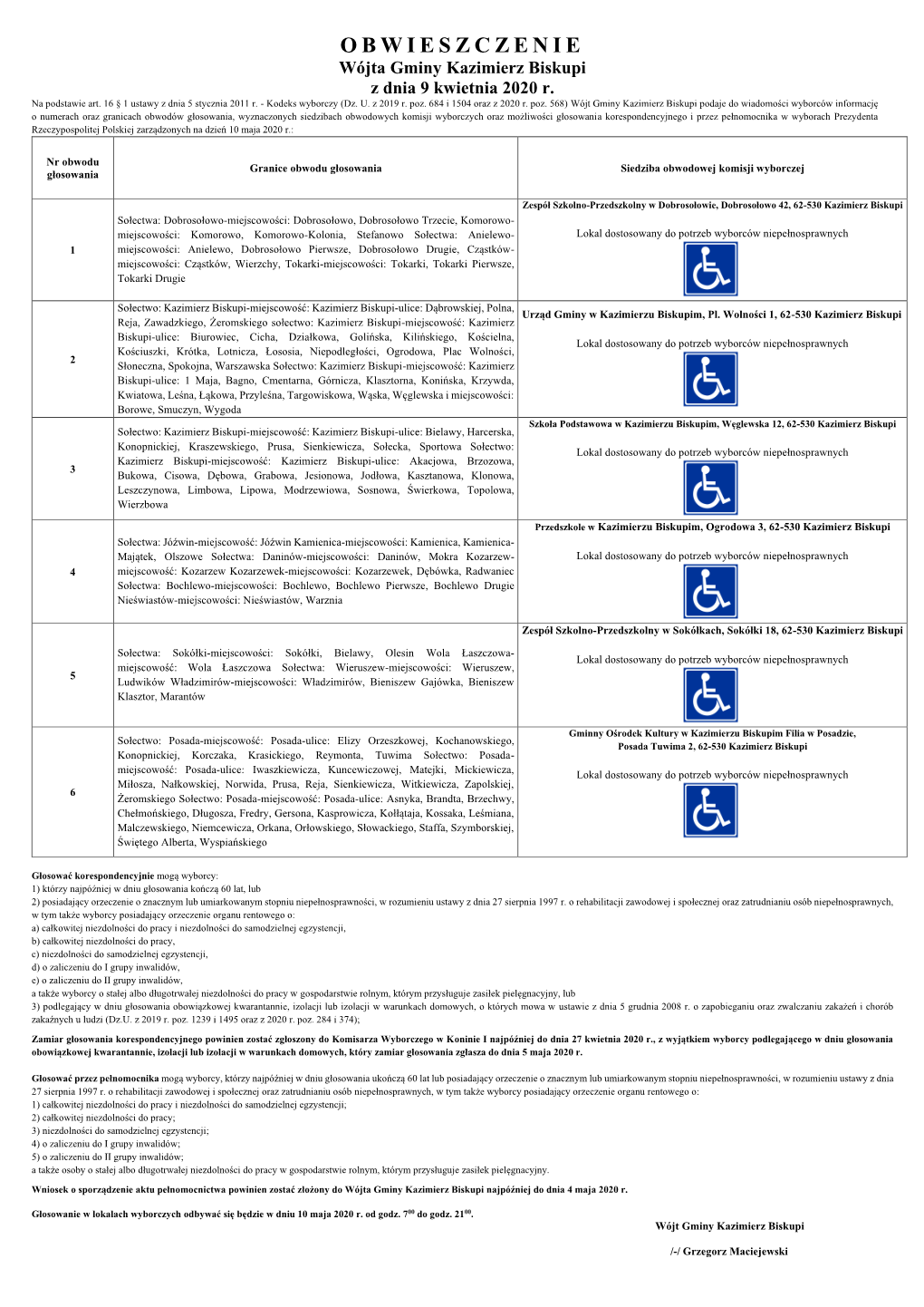 OBWIESZCZENIE Wójta Gminy Kazimierz Biskupi Z Dnia 9 Kwietnia 2020 R