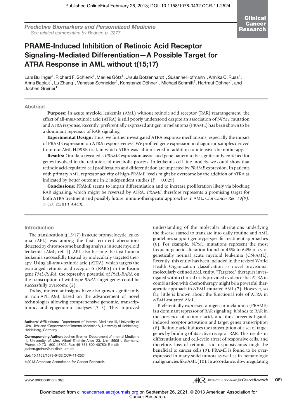 PRAME-Induced Inhibition of Retinoic Acid Receptor Signaling-Mediated Differentiation—A Possible Target for ATRA Response in AML Without T(15;17)