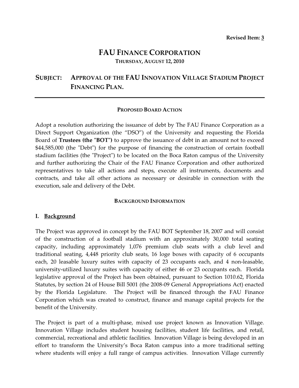 Approval of the Fau Innovation Village Stadium Project Financing Plan