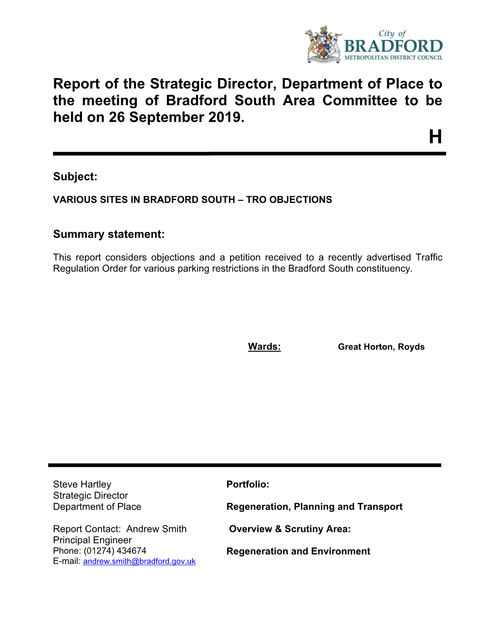 Various Sites in Bradford South – Tro Objections