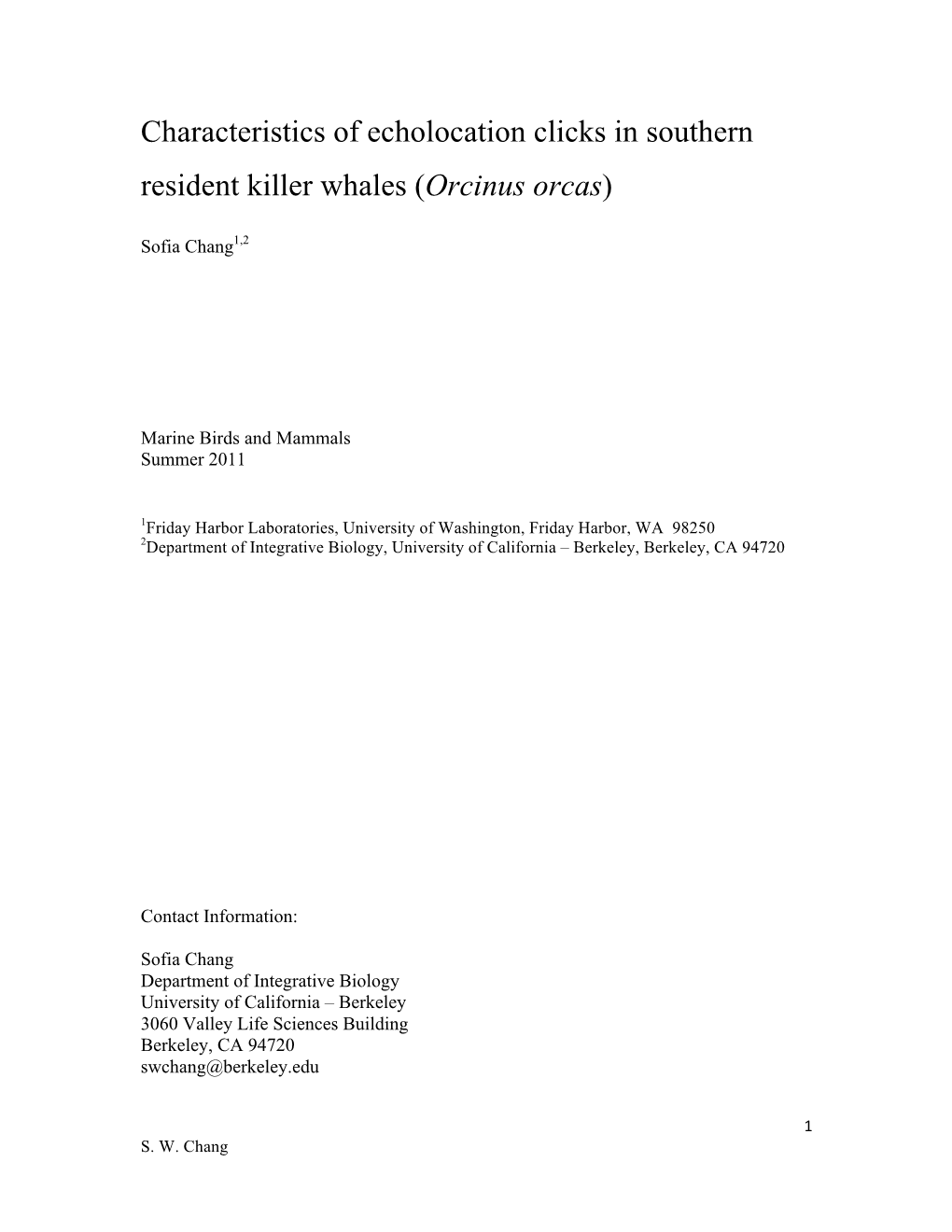 Characteristics of Echolocation Clicks in Southern Resident Killer Whales (Orcinus Orcas)