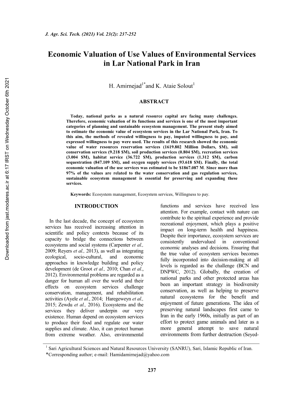 Economic Valuation of Use Values of Environmental Services in Lar National Park in Iran