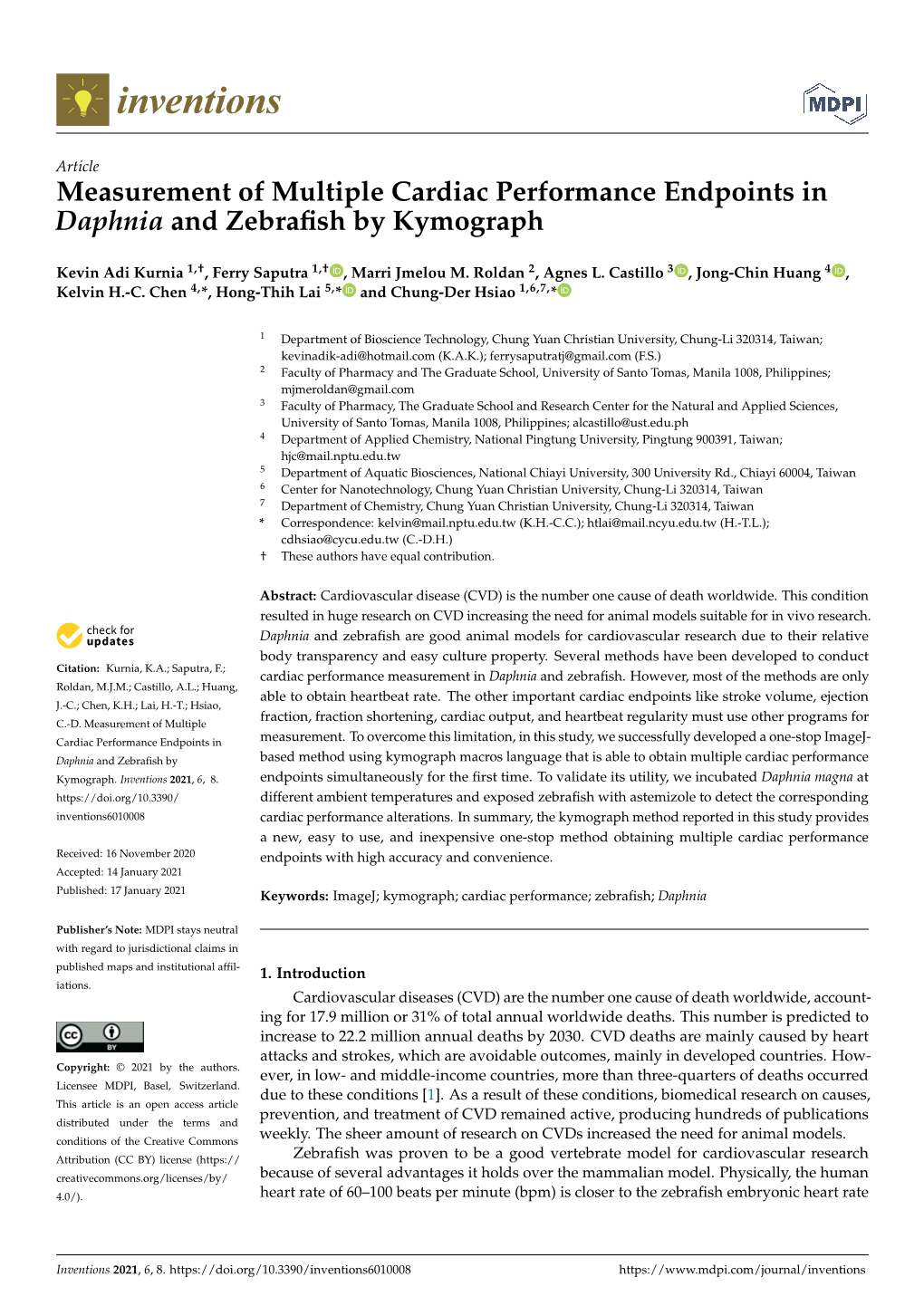 Measurement of Multiple Cardiac Performance Endpoints in Daphnia and Zebraﬁsh by Kymograph