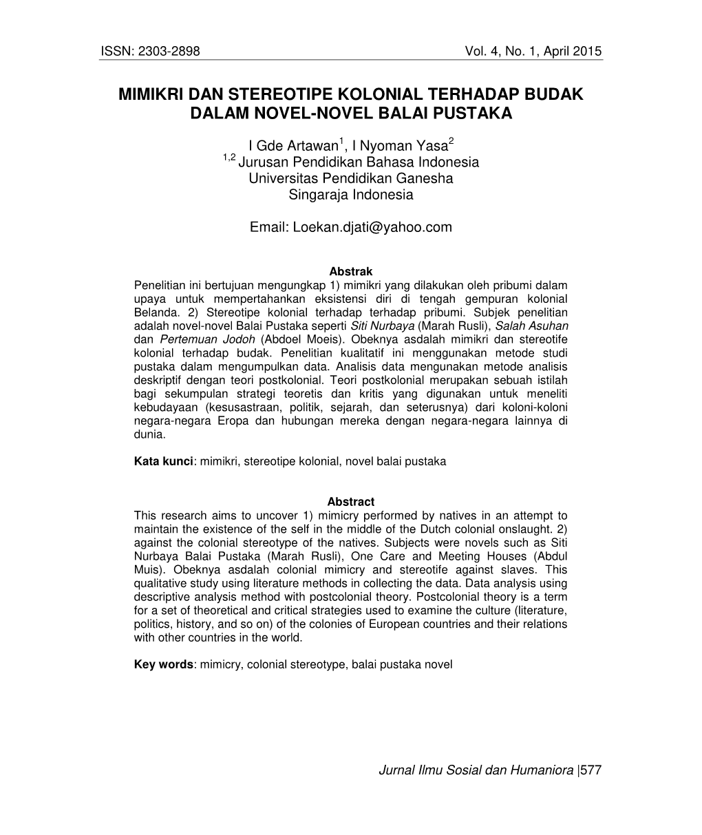 Mimikri Dan Stereotipe Kolonial Terhadap Budak Dalam Novel-Novel Balai Pustaka