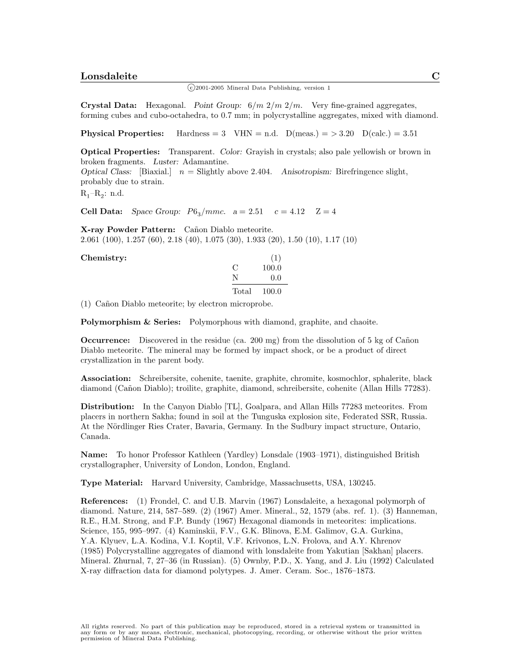 Lonsdaleite C C 2001-2005 Mineral Data Publishing, Version 1