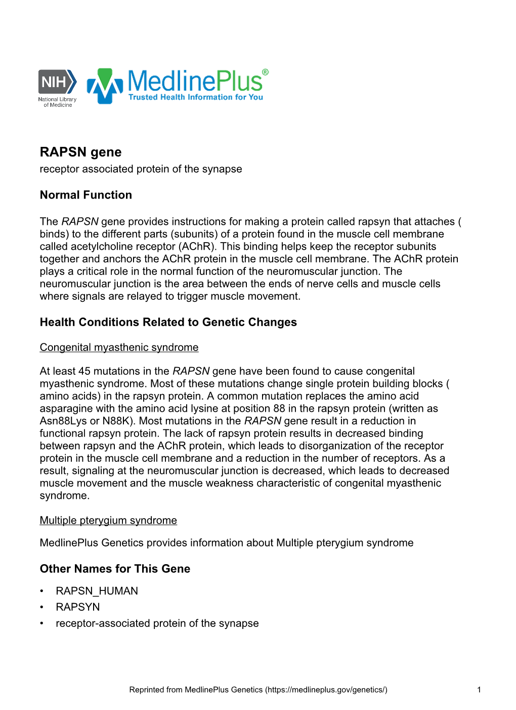 RAPSN Gene Receptor Associated Protein of the Synapse